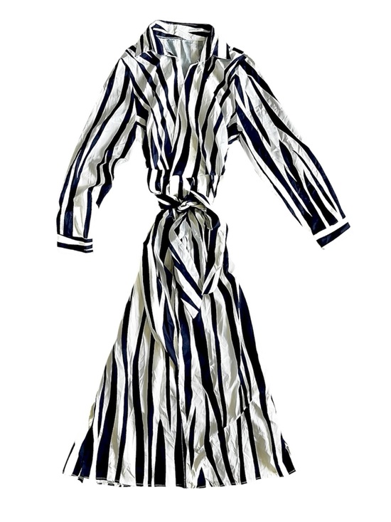 Source Unknown Dresses & Skirts - Striped Long Sleeve Shirt Dress with Waist Tie - White & Navy